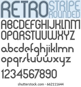 Poster rounded black font and numbers on white background, retro striped letters.