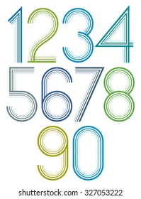 Poster rounded large colorful numbers with stripes on white background.