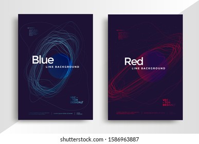 Poster with Rounded red and blue lines shapes. Minimal dynamic covers design with color simple line. Motion speed vector background in duotone color.