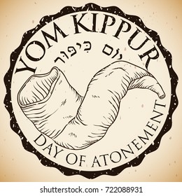 Poster with a rounded stamp with hand drawn Shofar horn and greeting text inside to commemorate Yom Kippur (written in Hebrew) or Jewish Day of Atonement.