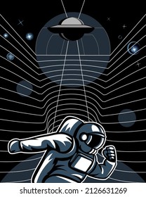 poster with a running astronaut against the background of stars, planets and a flying saucer.