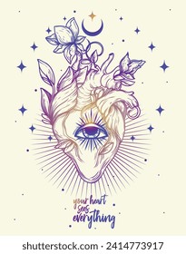 Afiche de vibraciones sacrales con corazón y ojo sobre fondo estrellado, ilustración vectorial