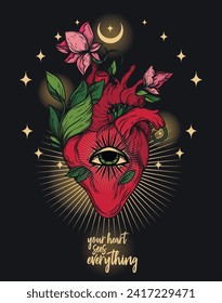 Poster for sacral vibes with heart and eye on starry background, vector illustration