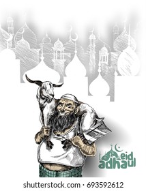 Poster for the Sacrifice Feast "eid-al-adha". Hand drawn vector illustration.