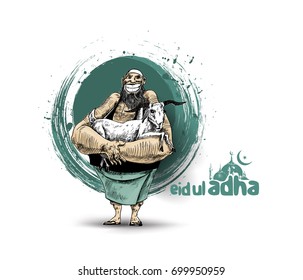 Poster for the Sacrifice Feast "eid-al-adha". Hand drawn vector illustration.