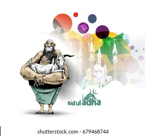 Poster for the Sacrifice Fest "eid-al-adha". Hand drawn vector illustration.