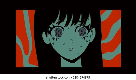 Poster with sad gothic anime girl. Female character in manga style for tattoo or t-shirt print.