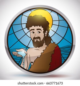 Poster with Saint John the Baptist image holding water over a stained glass, framed in a silver round button.