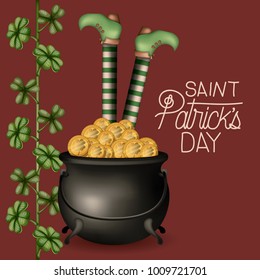 poster saint patricks day with cauldron full of gold coins and leprechaun legs and climbing plant of clovers in colorful silhouette over dark red background