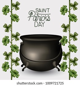 poster saint patricks day with cauldron and climbing plant of clovers in colorful silhouette over white background