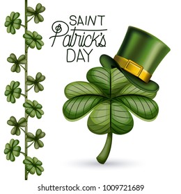 poster saint patricks day with clover of four leaves with top hat in colorful silhouette over white background