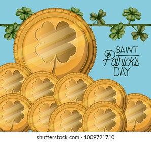 poster saint patricks day with gold coins set with emblem of clover and climbing plant of clovers in colorful silhouette over light blue background