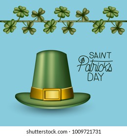 poster saint patricks day with green top hat and climbing plant of clovers in colorful silhouette over light blue background