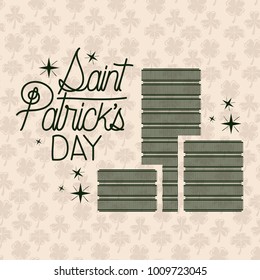poster saint patricks day with stacked coins in green color silhouette with background pattern of clovers