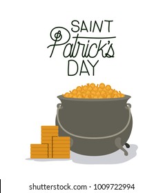 poster saint patricks day with treasure in cauldron and stacked golden coins in colorful silhouette over white background