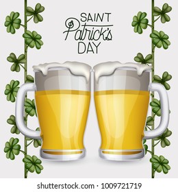 poster saint patricks day with two beer mugs and climbing plant of clovers in colorful silhouette over white background