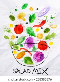 Poster salad mix  into a bowl drawn in abstract watercolor