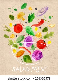 Poster salad mix  into a bowl drawn in abstract watercolor on kraft