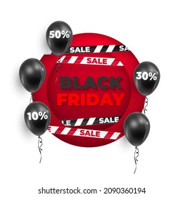 Poster for Sale, Black Friday with black balloons, percent, barricade tape and red paper cut circles. Vector illustration for card, party, design, flyer, banner, banner, web, advertising.