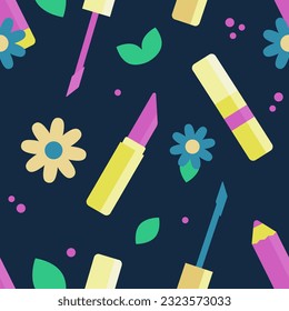 Poster for the sale of cosmetics. Seamless pattern of cosmetics on a dark blue background. Vector image of cosmetic makeup products among flowers.
