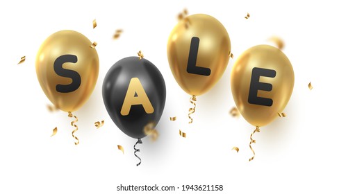 Poster for Sale with gold ballons and black text, letters with golden serpentine, confetti isolated on white background. Vector Holiday illustration for decor, design, arts, advertising.