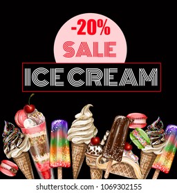 Poster sale for site or print with different types of ice cream. Vector illustration.
