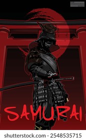 Un cartel para un samurai con una espada y un fondo rojo