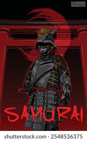 A poster for a samurai with a sword and a red background
