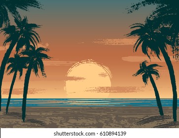 Poster with sand beach, sunset, palms and ocean