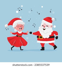 Poster with Santa Claus and missis Claus dancing and celebrating Christmas.