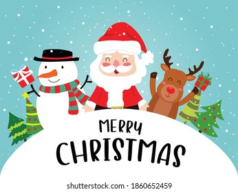 Poster of Santa Claus, snowman, red nose reindeer and christmas tree with snow falling in blue background with text merry Christmas for holidays card, xmas party invitation card, banners.