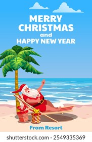 Poster Santa Claus in the swimsuit on the resort tropical, resting in deck chair with cocktail