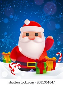 Poster with Santa Сlaus and gold, red, green gifts, candy canes with snowflakes, snow winter landscape with blue sky. Happy New Year illustration for postcard, banner, web, design, arts.
