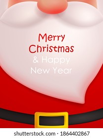 Poster with Santa Сlaus, with white beard, mustache, red nose and buckle belt. Happy New Year illustration for postcard, banner, decor, design, arts on white  background.