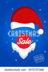 Poster with Santa's beard and red hat and inscription Christmas Sale. Special offer. Vector illustration.