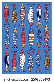 Poster with sardine.  Cute set. Vector illustration.Interior poster.