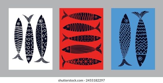 Poster with sardines.  Cute set. Vector illustration