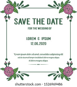 Poster save the date, with art of vintage pink rose flower frame. Vector