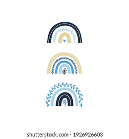 Poster with Scandinavian leafy rainbows in pastel blue colors for nursery posters, children arts, boho cards, baby shower, textile isolated on white background.