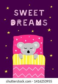 Poster with scandinavian lettering and doodle sleeping koala in bed with pillow, blanket.