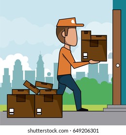 poster scene city landscape of fast delivery man with packages at home