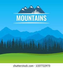 Poster with scenic landscape of Forest and Mountains at sunny day. Vector illustration with Header Badge symbol.