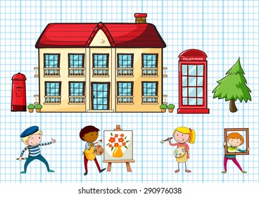 Poster of a school building with children darwing and coloring