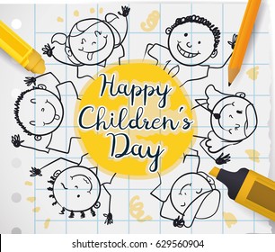Poster with school supplies, notebook paper and cute children drawing around greeting label to celebrate Children's Day.
