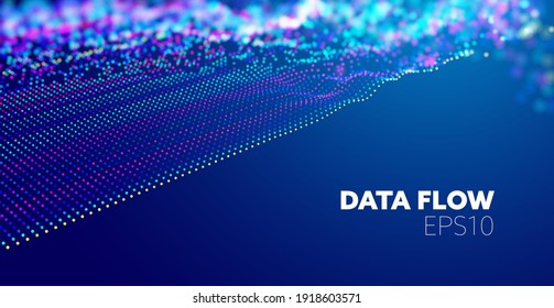 Poster with science data on deep background. Deep learning. Wave flow. Big data science