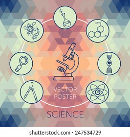 poster with science icons in hand drawn cartoon style, vector illustration