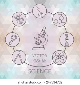 poster with science icons in hand drawn cartoon style, vector illustration