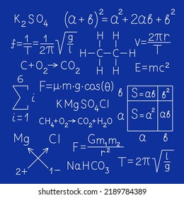 Poster with scientific formulas and equations. Vector illustration.