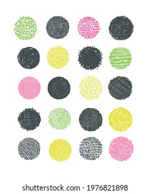 Poster with scribble circles in grey and fluorescent neon colors on white background