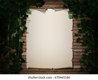 A poster of a scroll on a brick wall.
A brick wall overgrown with ivy and a poster in the light of an lantern. Vector 3d render background with place for text. EPS-10.